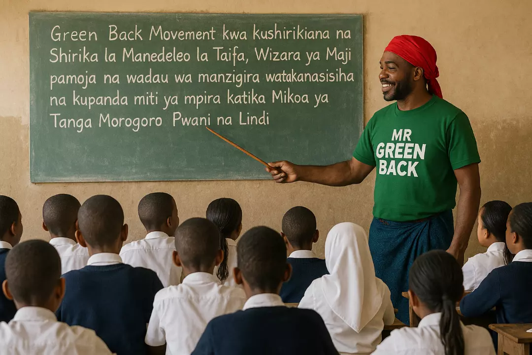 Mr Green Back teaching schoolchildren about reforestation in Tanzania