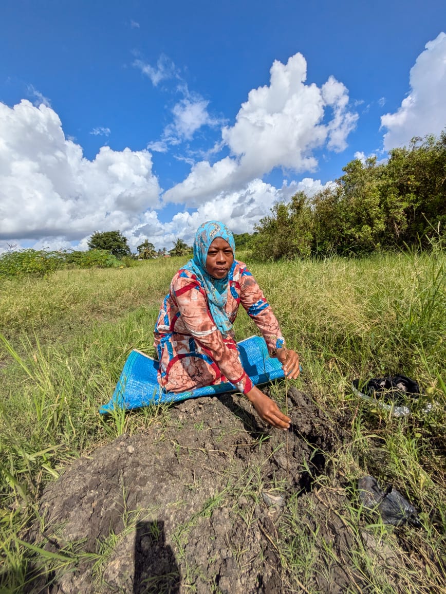 Woman planting a tree under a bright Tanzanian sky